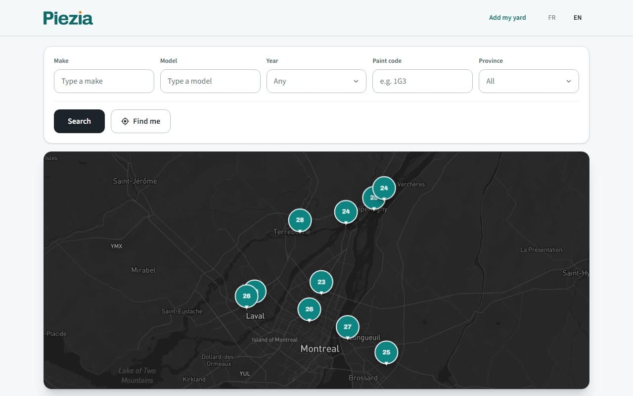 Screen recording of the piezia.com map on a computer: the demo yards and how many cars each has, zoomed out, then back in.