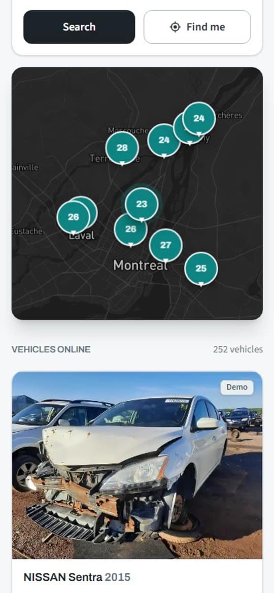 Screen recording of the piezia.com map on a phone: the demo yards and how many cars each has, zoomed out, then back in.