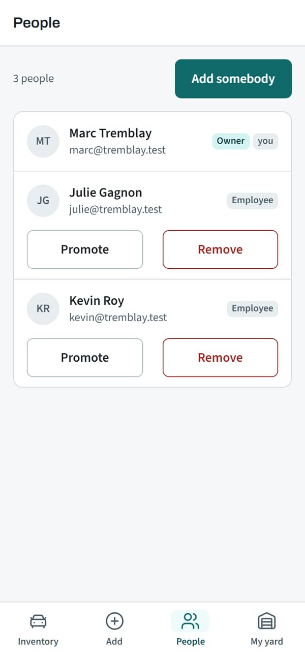 The yard’s app, the People screen: the owner and two employees, each with their own access.