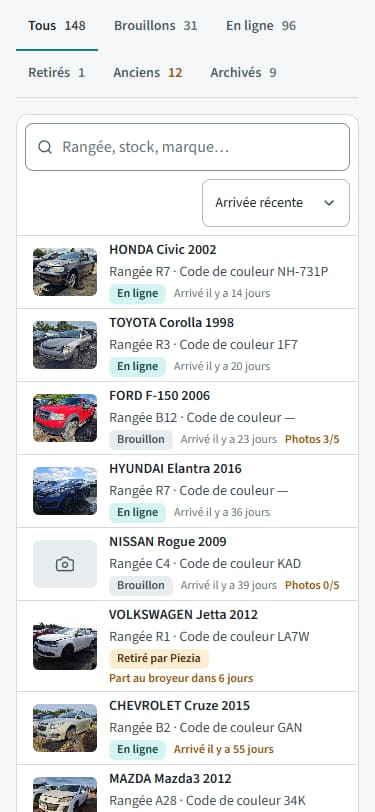 Le bureau de la cour sur téléphone, l’inventaire : chaque char avec sa photo, sa rangée, son code de couleur et son état.