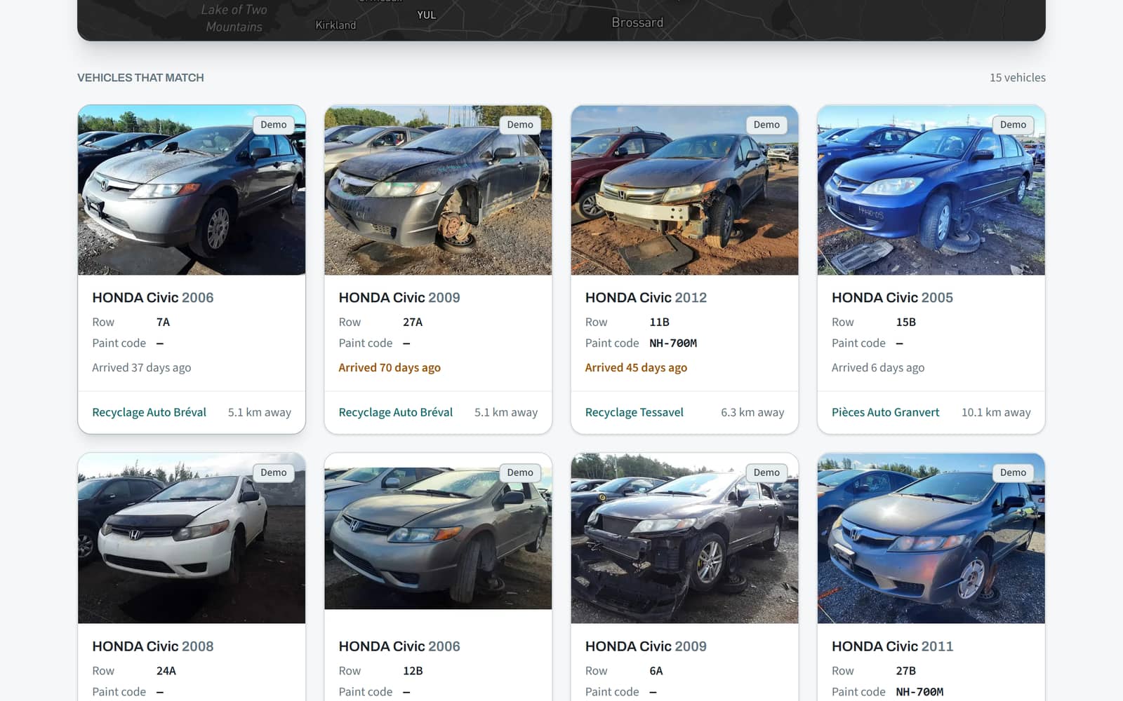 On a computer, the Honda Civics found, nearest first: row, paint code, arrival, yard and distance.