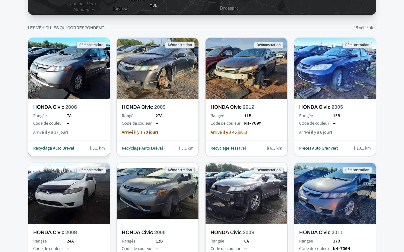 Sur ordinateur, les Honda Civic trouvées, de la plus proche à la plus loin : rangée, code de couleur, arrivée, cour et distance.