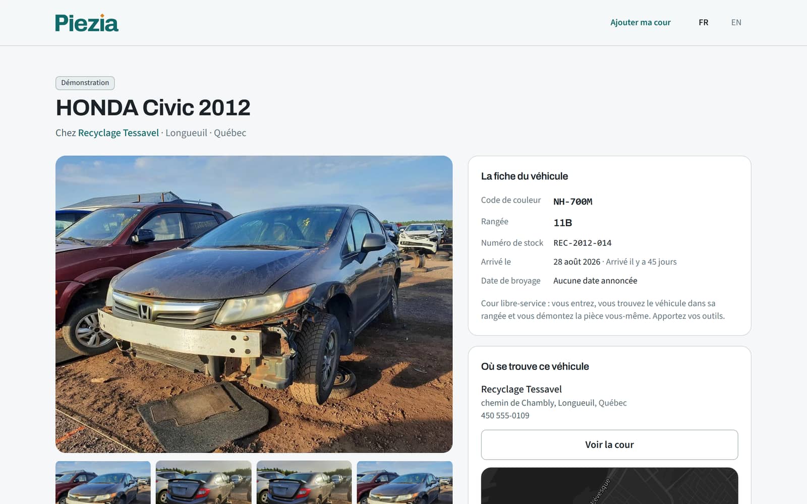 Sur ordinateur, la fiche d’une Honda Civic 2012 : grande photo, la fiche du véhicule et où il se trouve.