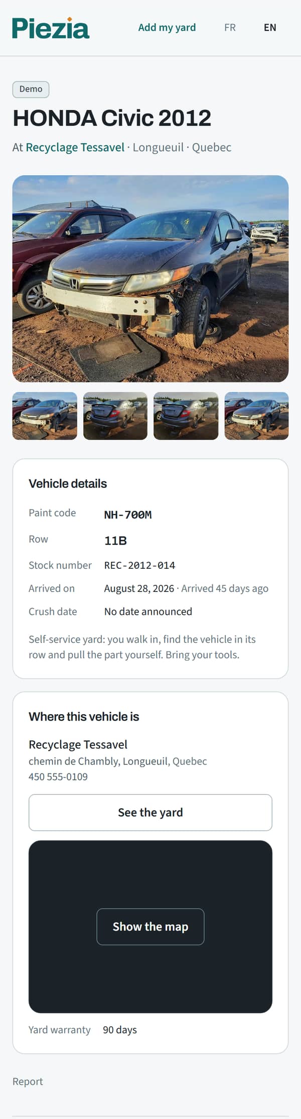 On a phone, a 2012 Honda Civic: photos, paint code, row 11B, arrival date, then the yard, its address and phone number.
