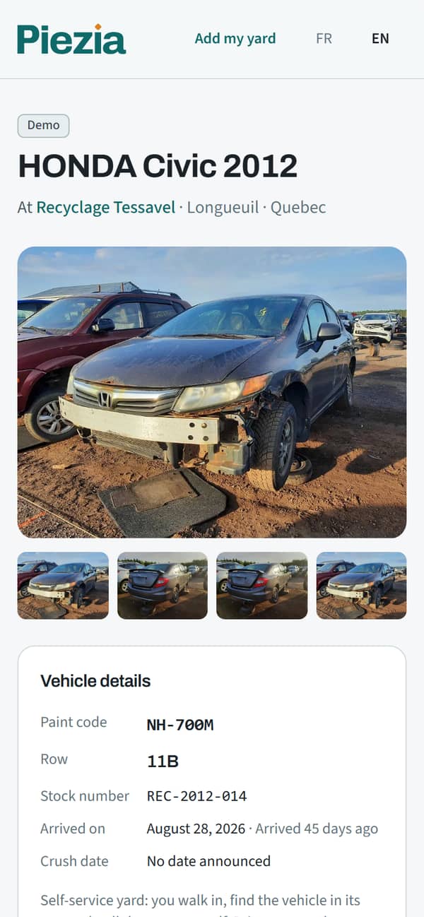 On piezia.com, the public listing of a 2012 Honda Civic: its photo, its yard, Recyclage Tessavel in Longueuil, its paint code and row. Demo yard.