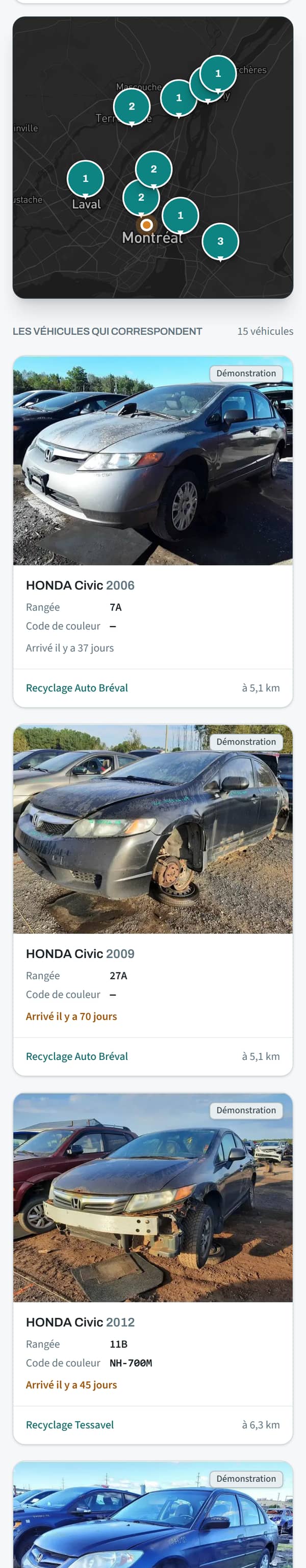 Sur téléphone, après « Me localiser » : la carte avec ta position, puis les Honda Civic de la plus proche à la plus loin, chacune avec sa distance.