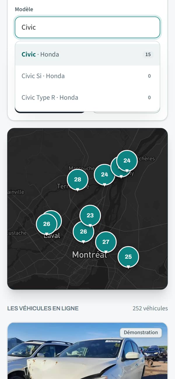 Sur téléphone, la recherche de piezia.com : « Civic » tapé, la liste propose Civic · Honda, avec le nombre de chars en ligne.