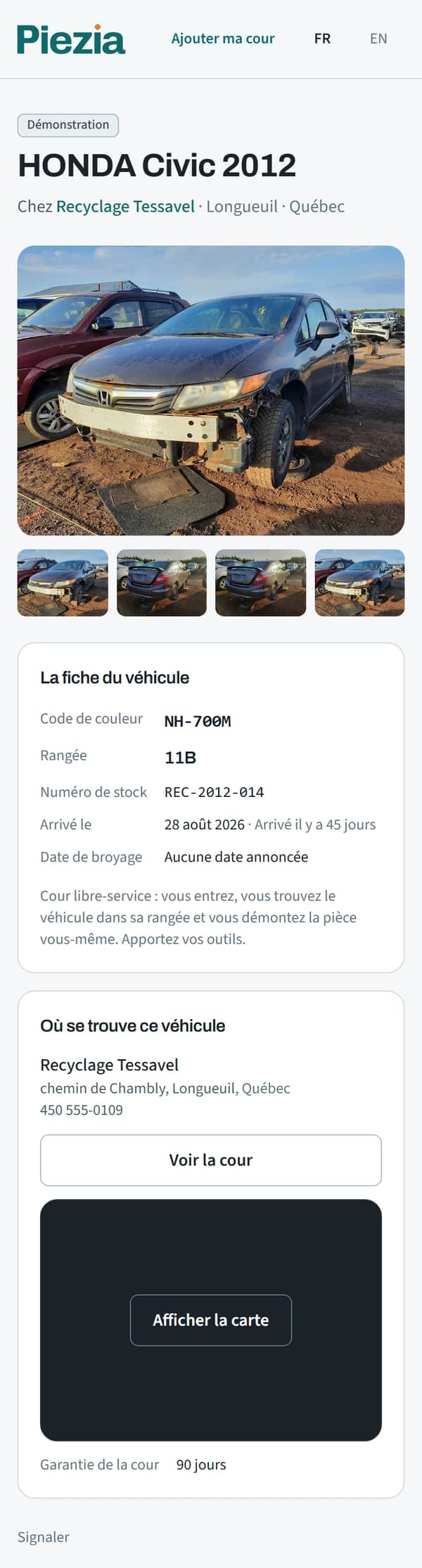 Sur téléphone, la fiche d’une Honda Civic 2012 : photos, code de couleur, rangée 11B, date d’arrivée, puis la cour, son adresse et son téléphone.