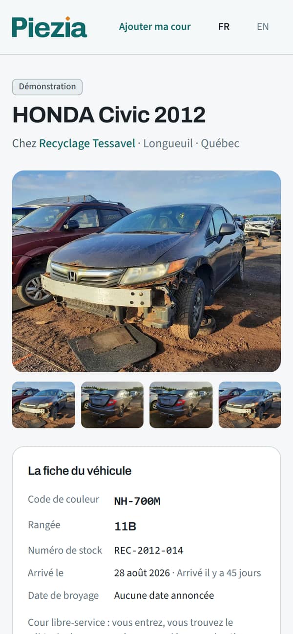 Sur piezia.com, la fiche publique d’une Honda Civic 2012 : sa photo, sa cour, Recyclage Tessavel à Longueuil, son code de couleur et sa rangée. Cour de démonstration.